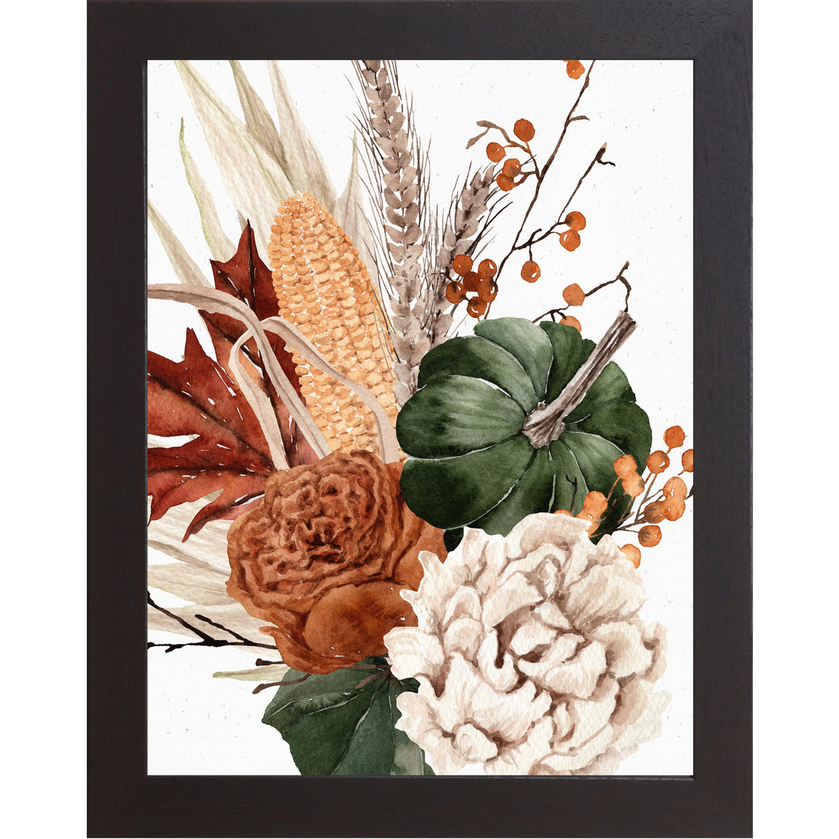 Framed watercolor autumn pumpkin, corn, wheat and foliage wall art with black frame