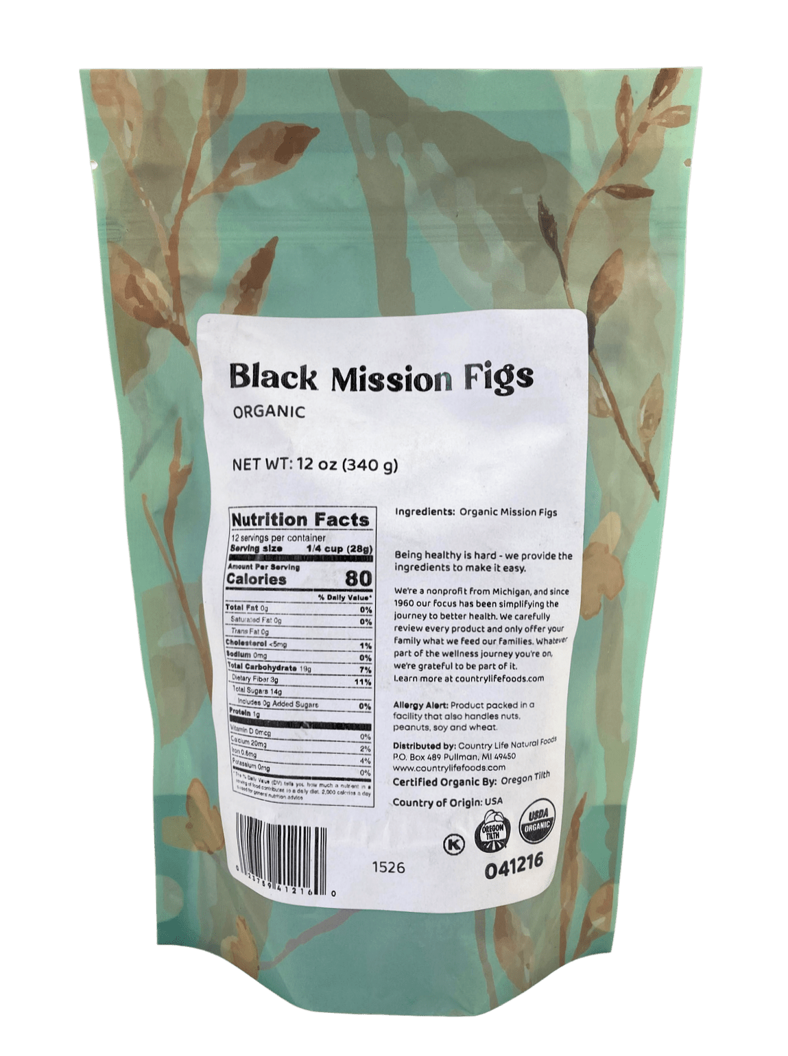 Organic black Mission figs pouch with Nutrition Facts and ingredient panel