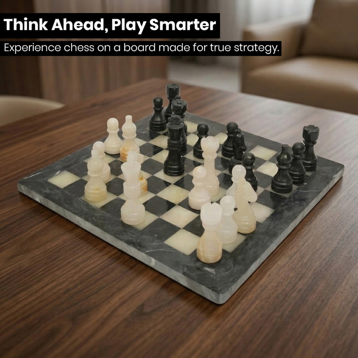 Chess set with dark and light pieces arranged on a black-and-white checkered board