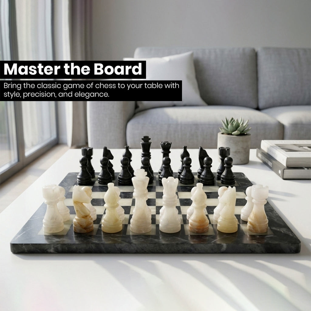 Chess set on tabletop with dark and light pieces on a black-and-white checkered board