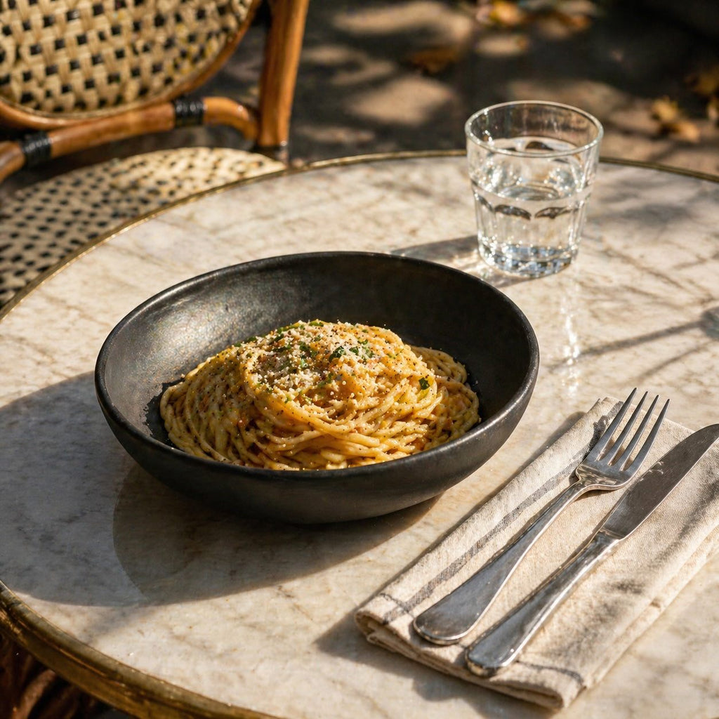 Black matte stoneware pasta bowl holding a serving of spaghetti and sauce