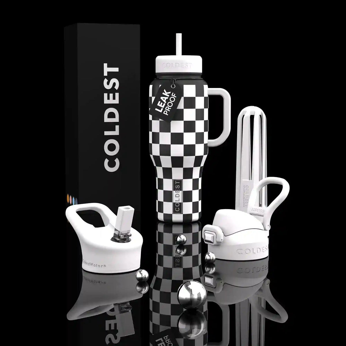 36oz insulated water bottle with straw and checkered black-and-white print; white lids