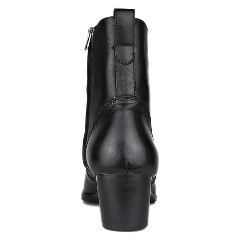 Black leather ankle boots, back view with side zipper and block heel