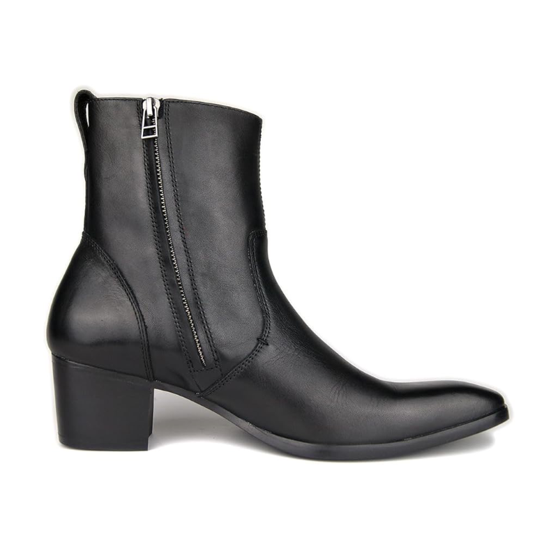 Black leather Chelsea ankle boots with side zipper and chunky Cuban heel