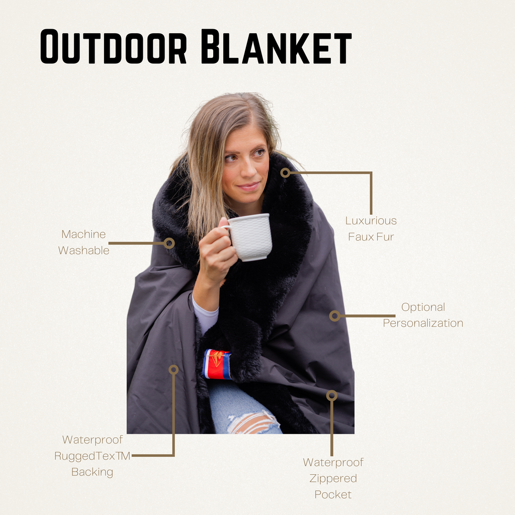 Dark outdoor blanket with zipper pocket and faux-fur texture