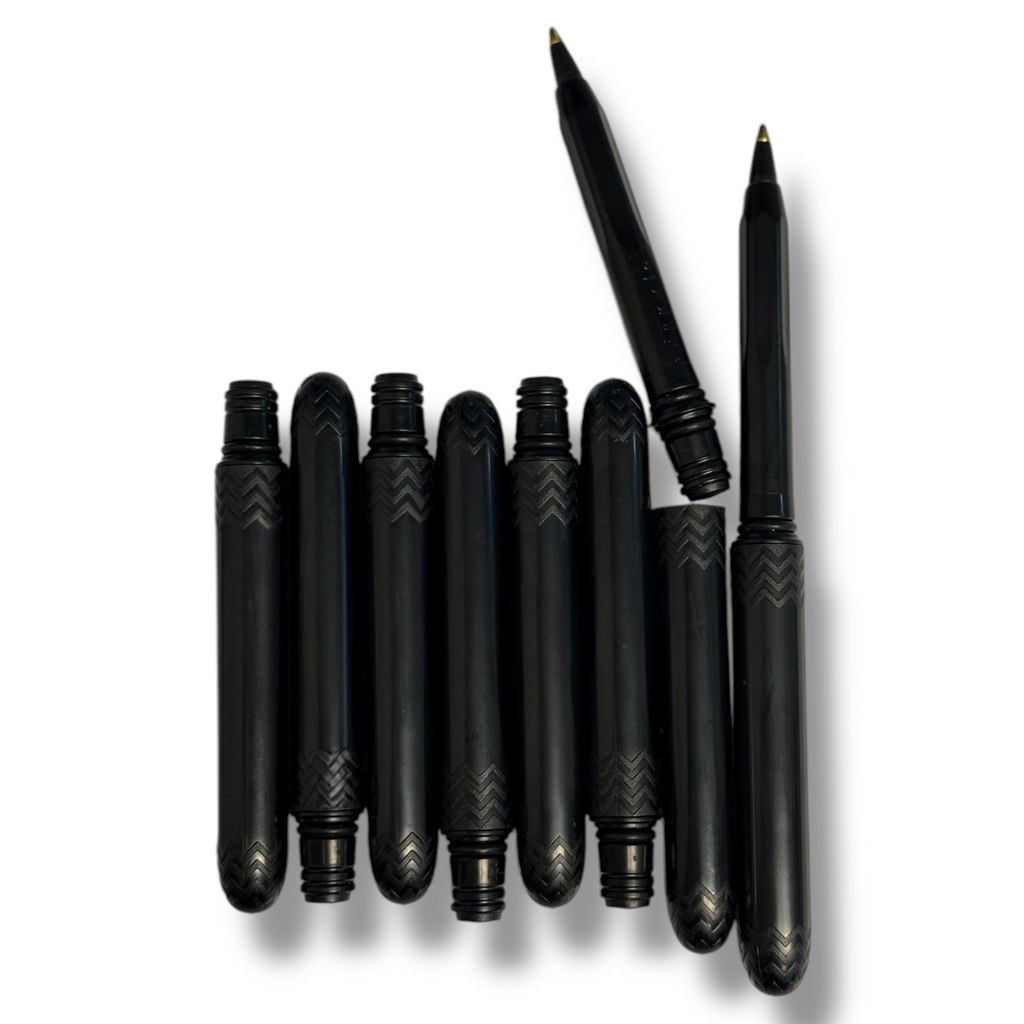 Pocket pen pack, lineup of black slim pens with textured chevron barrels