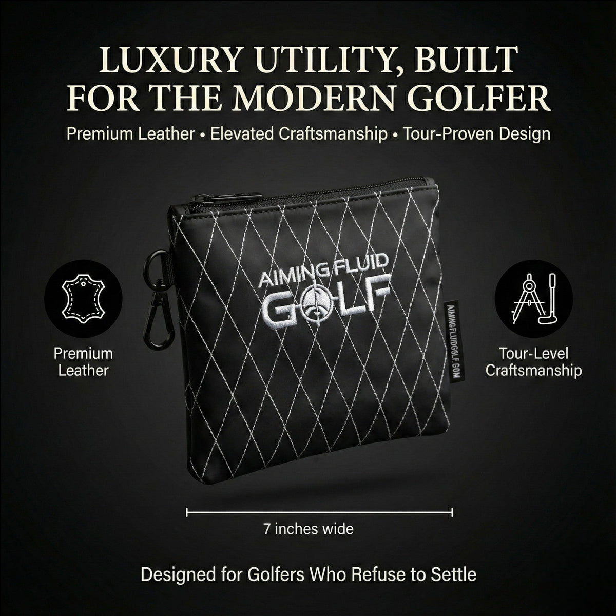 Black quilted leather utility pouch with zip top and key clip loop detail