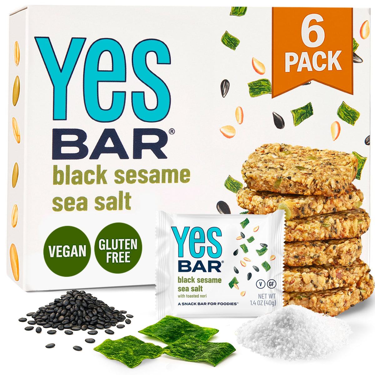 Black sesame sea salt six-pack box with stacked bars and loose sesame seeds