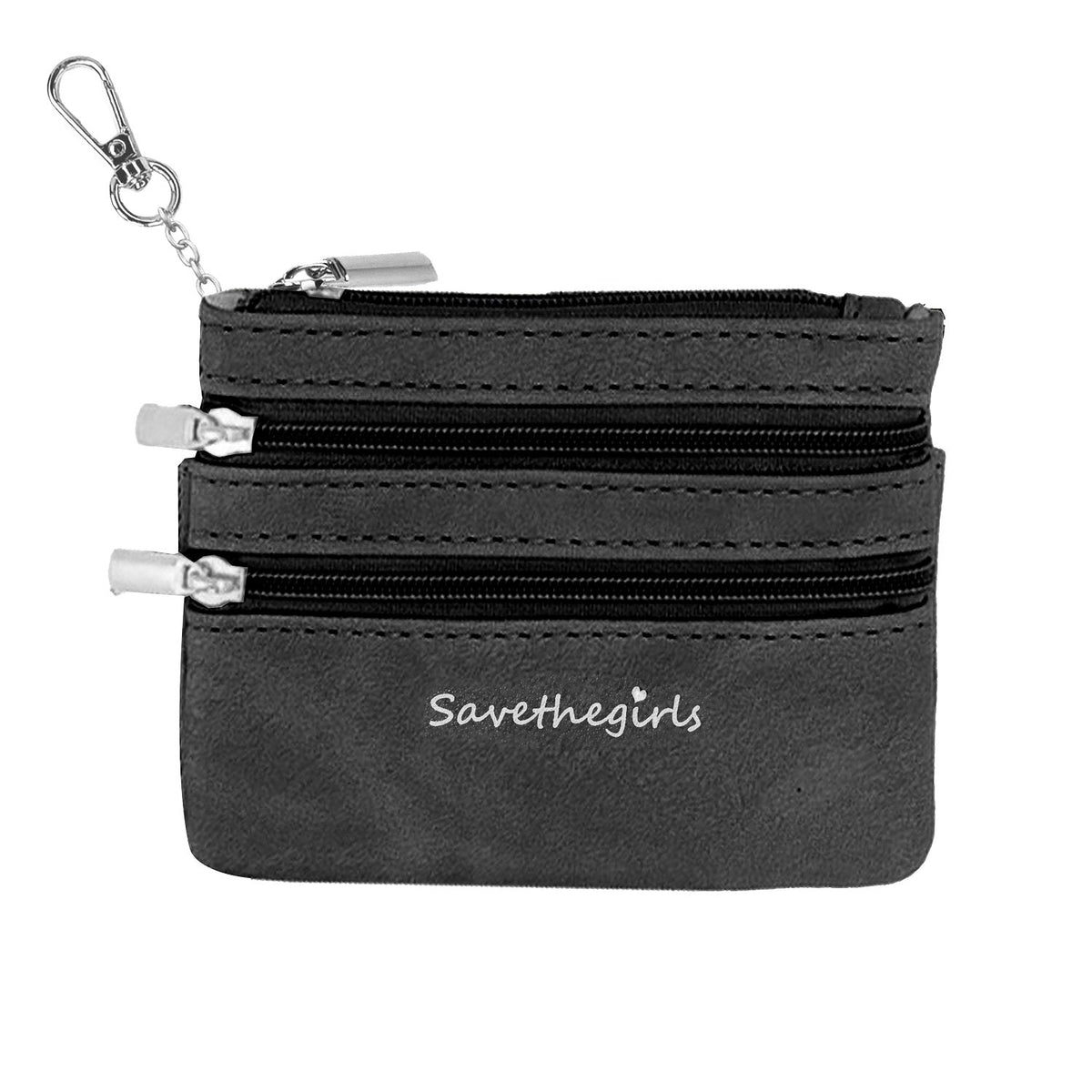 Dark gray zippered pouch with 3 zippers and silver keychain ring