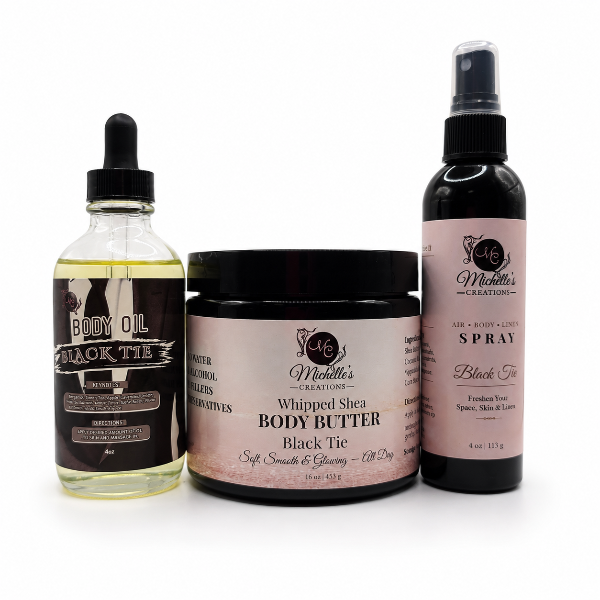 Black Tie body oil, whipped body butter jar, and air-body spray (3-piece set)