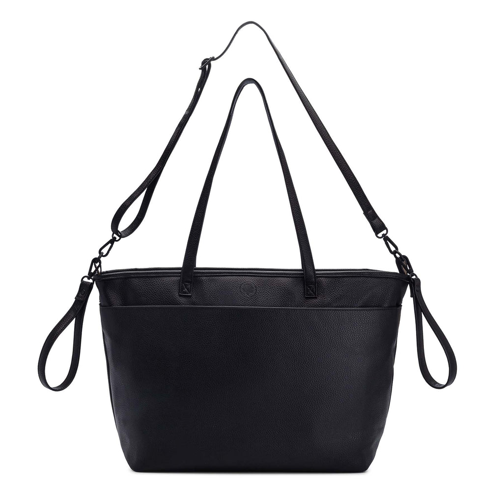 Black tote bag with double handles and side crossbody straps