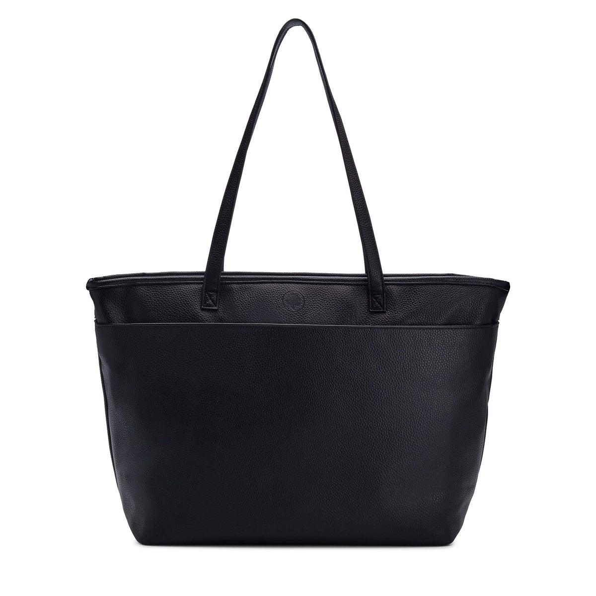 Black leather-look tote bag with double handles and top zipper closure