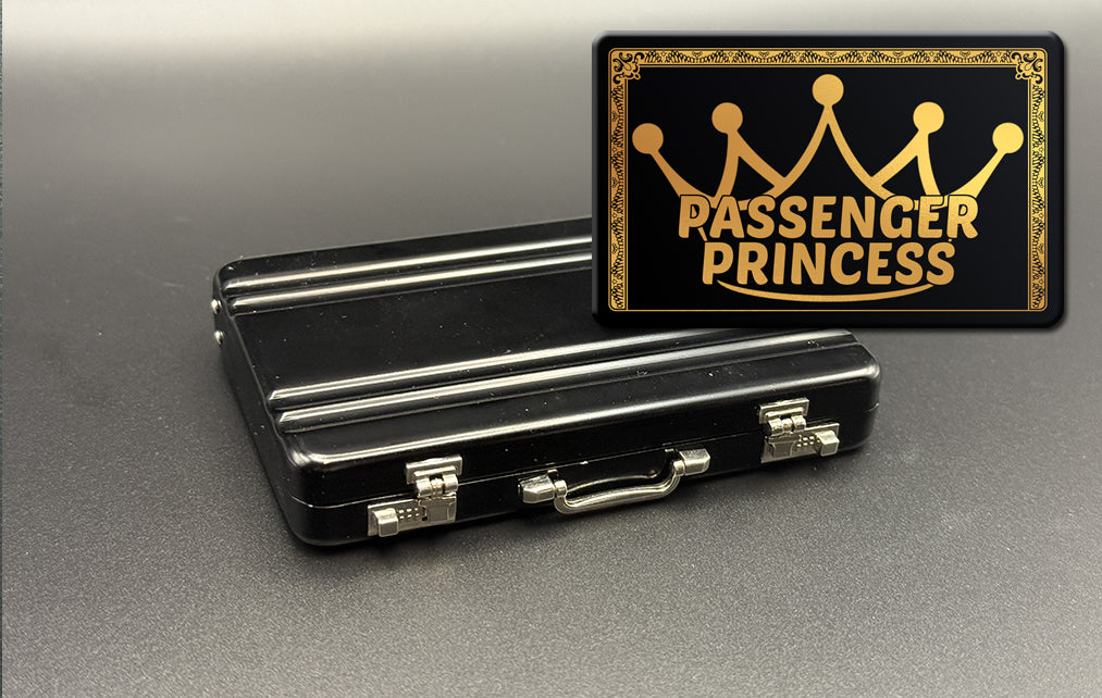 Black mini briefcase with 'PASSENGER PRINCESS' insert card overlay.