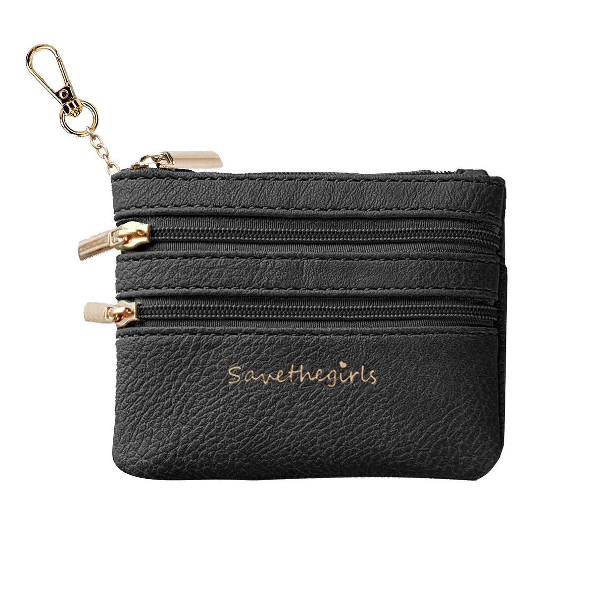 Black zippered pouch with 3 zippers and gold keychain ring