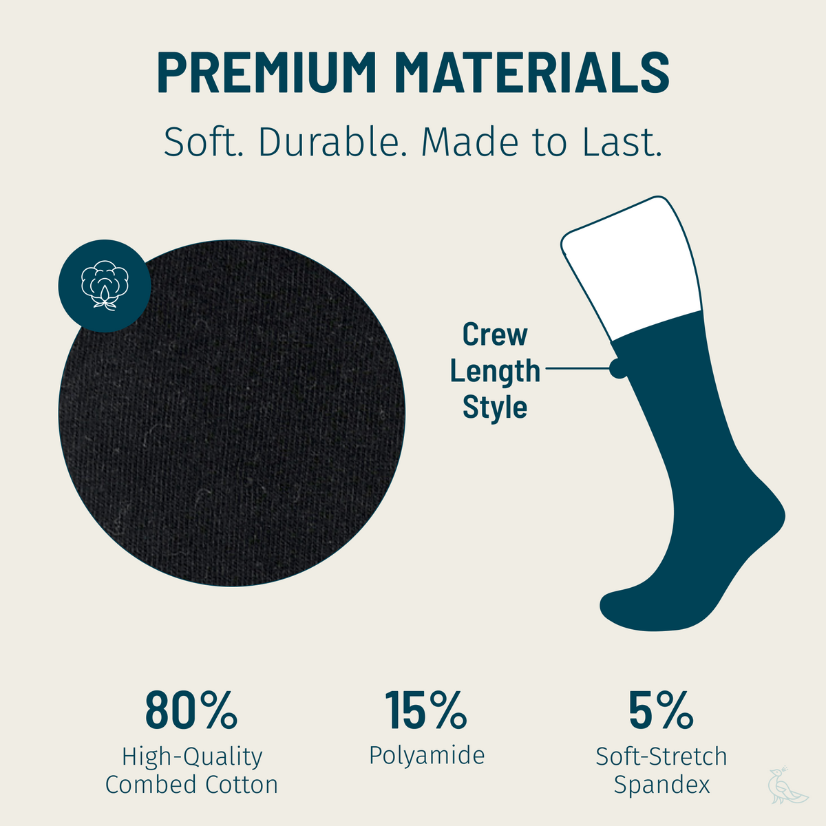 Infographic showing crew sock materials: high-quality combed cotton, polyamide, and soft-stretch