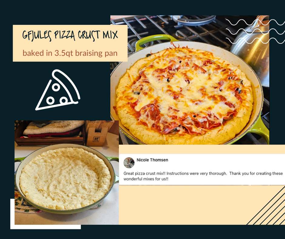 Gluten-free pizza crust mix, baked pizza and prepared crust shown in pan