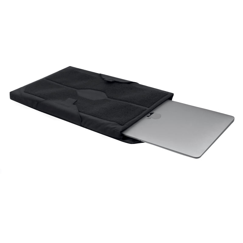 Padded laptop sleeve in black with top flap and padded laptop compartment