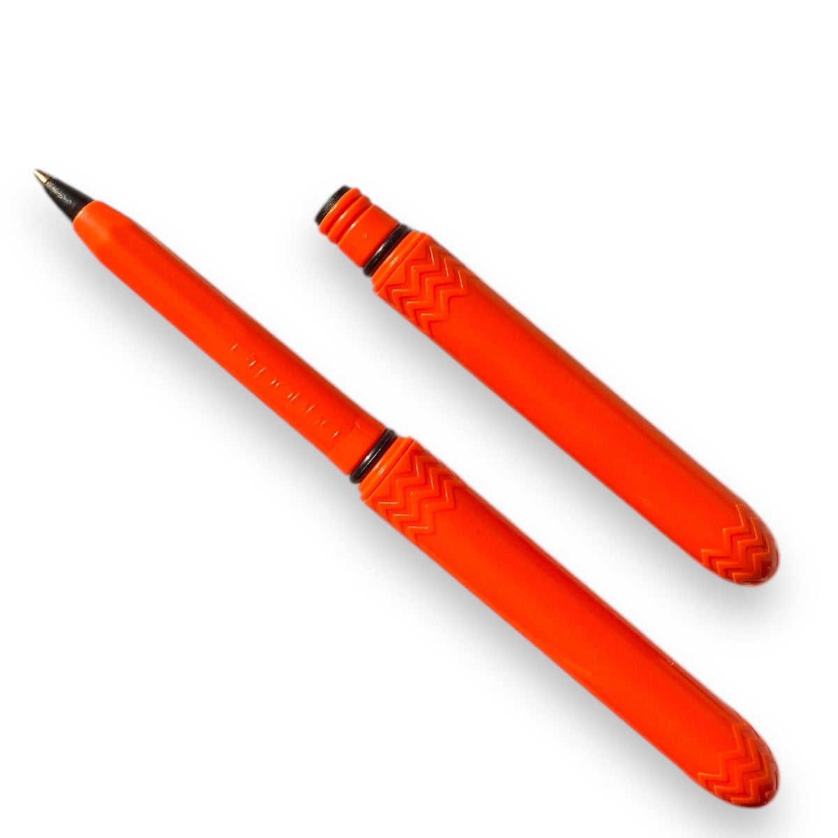 Blaze orange pocket pen pack, two orange pens with black tips and textured grips