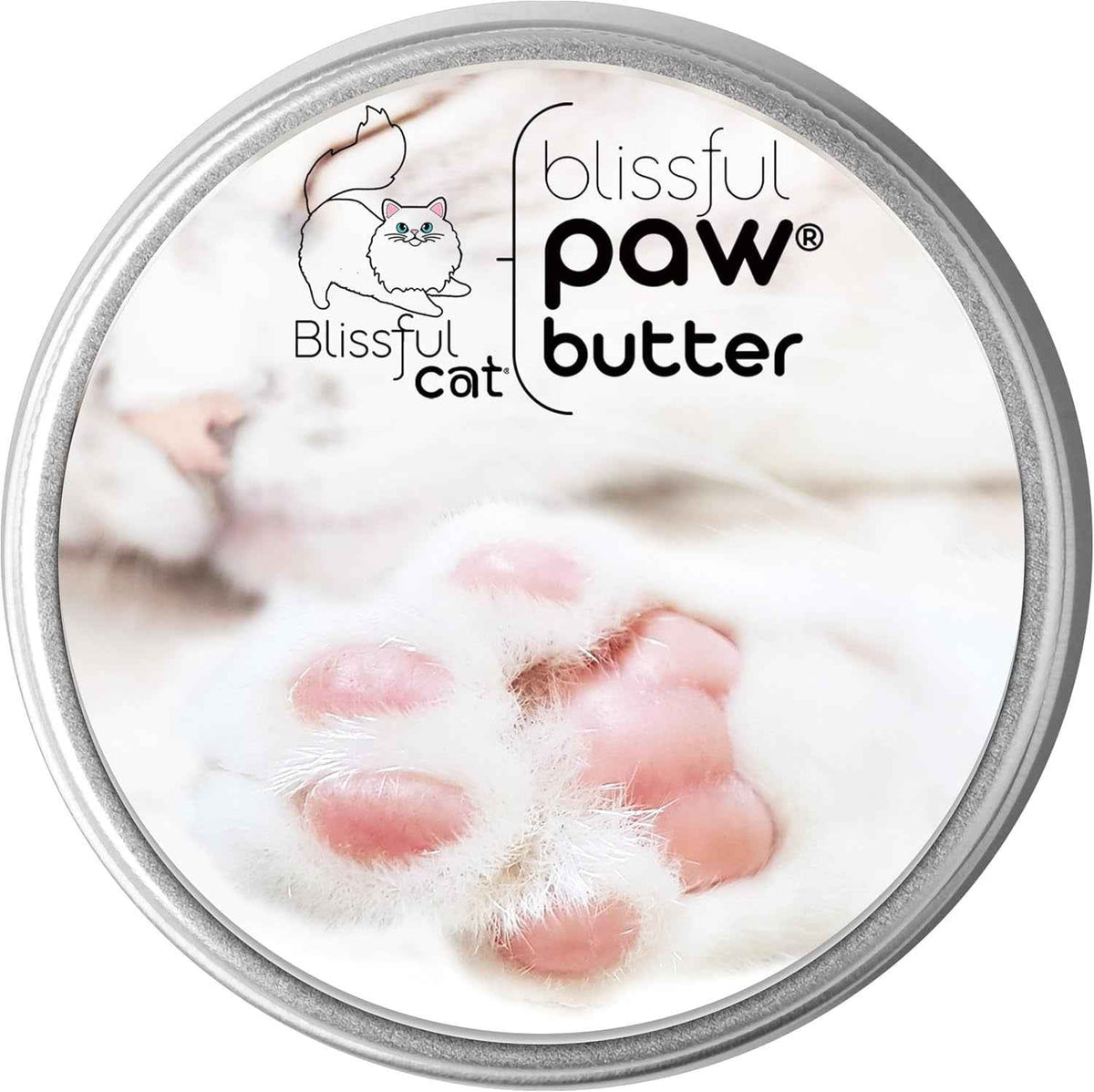 Cat paw butter balm in a round metal tin with a label showing pink paw pads.