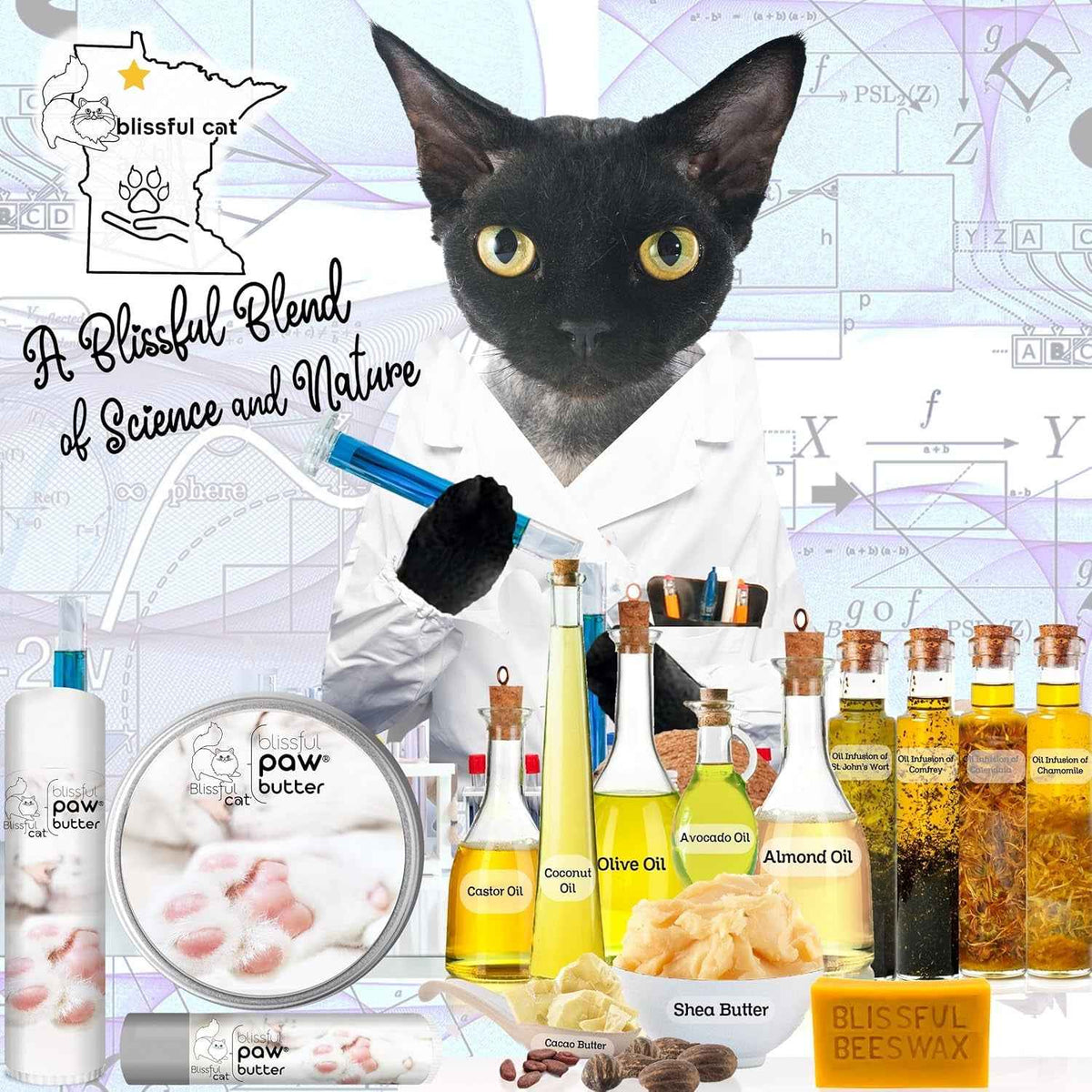 Cat paw butter balm tin and tubes shown with ingredient oils and shea butter.