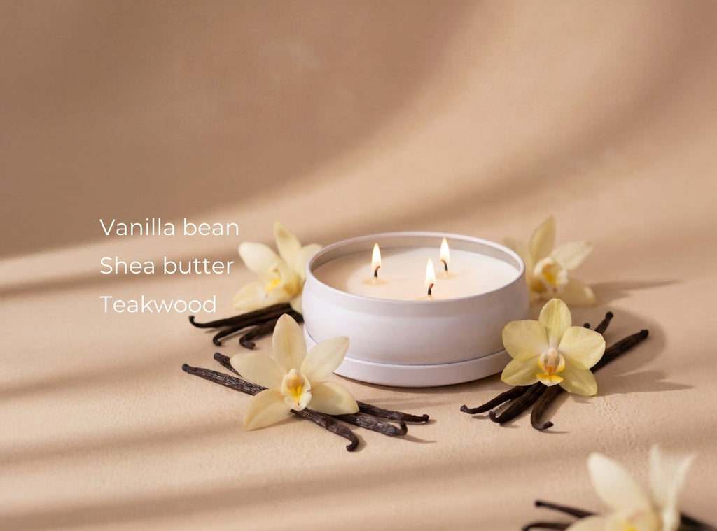 White 3-wick candle in round jar with orchid blossoms and brown vanilla bean sticks