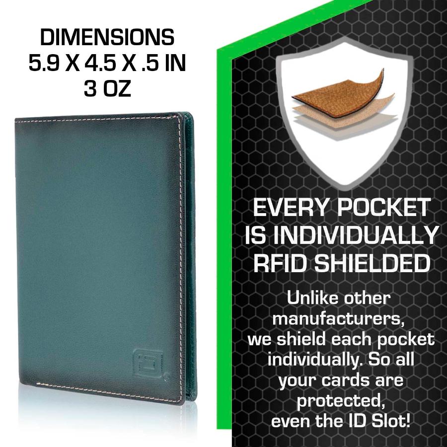 Leather passport wallet, dark teal blue front view with stitched trim and logo