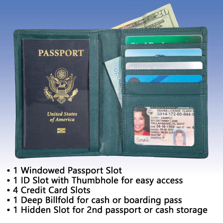 Leather passport wallet in dark teal blue, opened with ID card slots and passport pocket