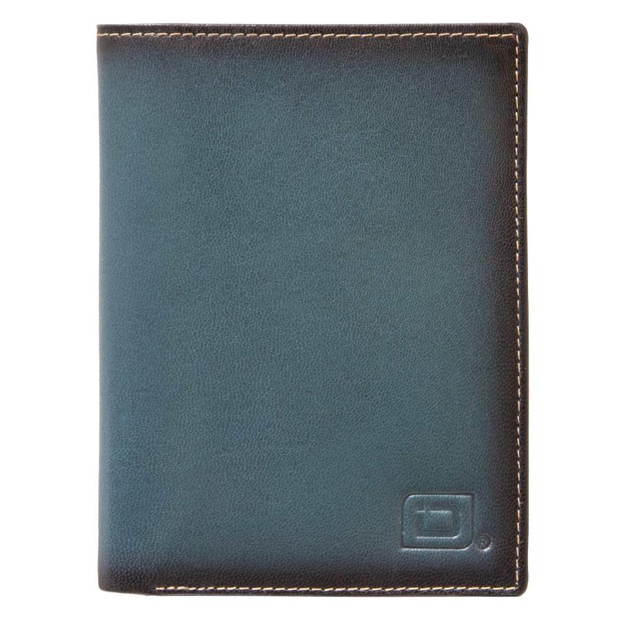 Leather passport wallet, dark teal blue with stitched edges and embossed logo
