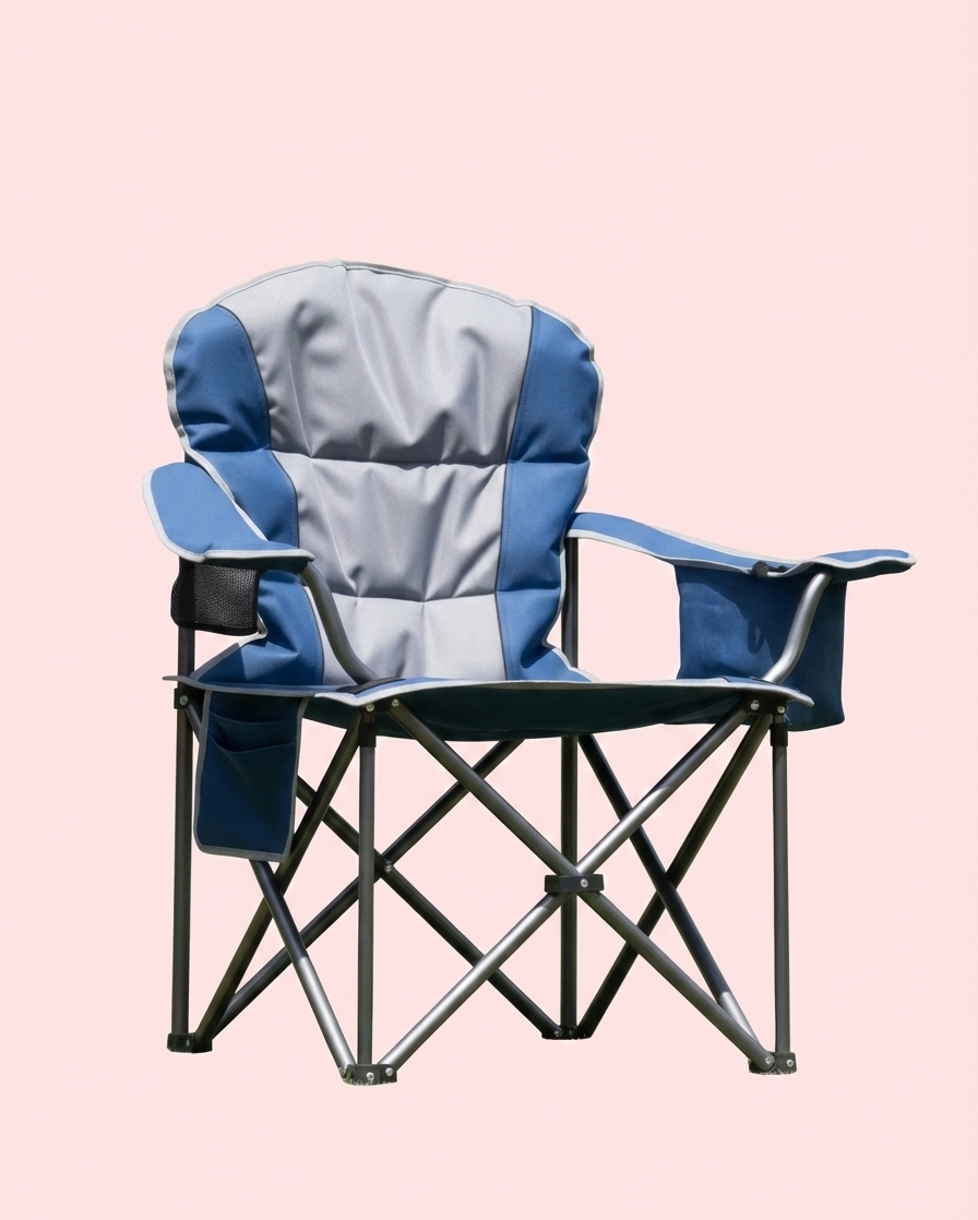 Blue folding camping chair with armrests and side cooler pocket, front view