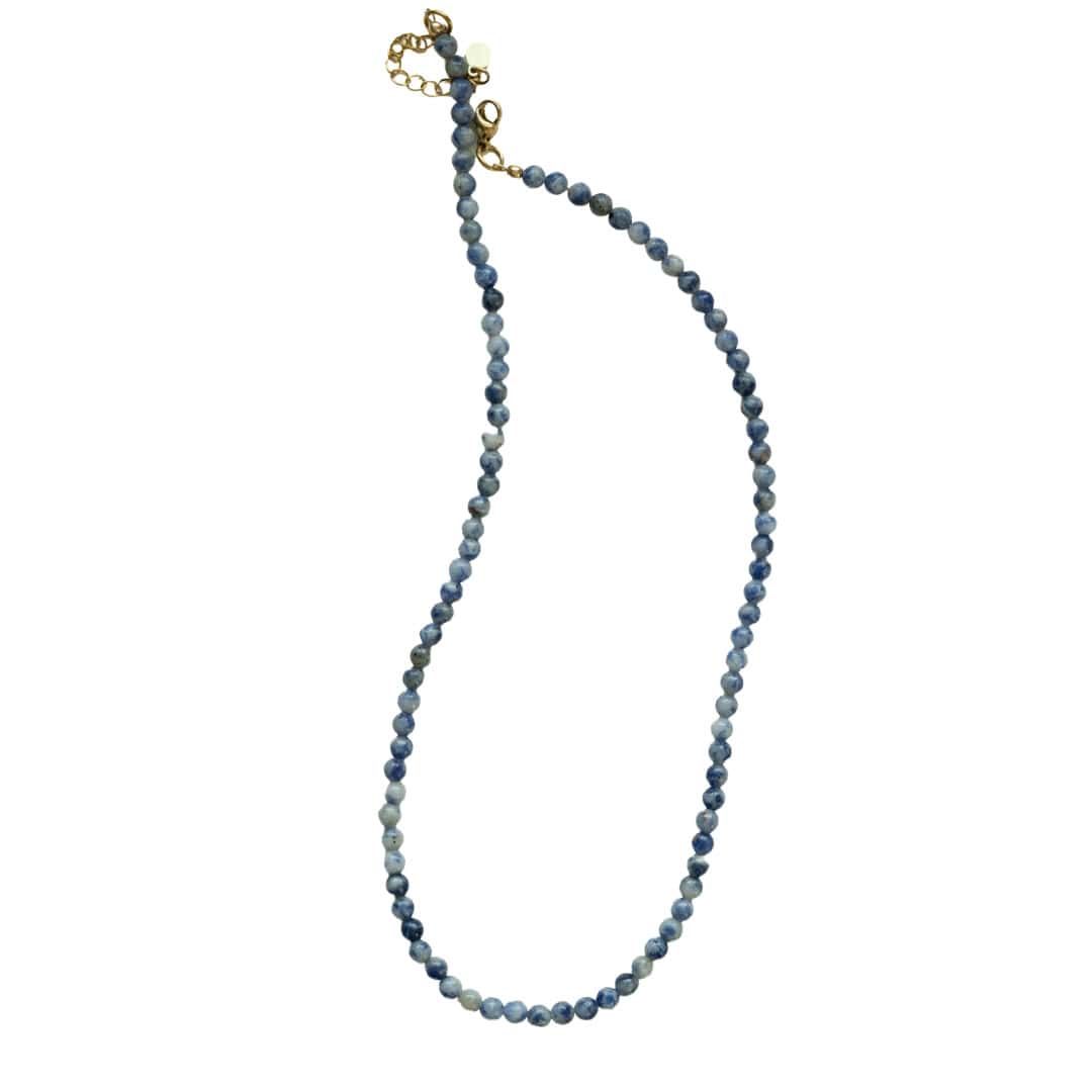 Blue beaded necklace with gold-toned lobster clasp and navy/light-blue beads