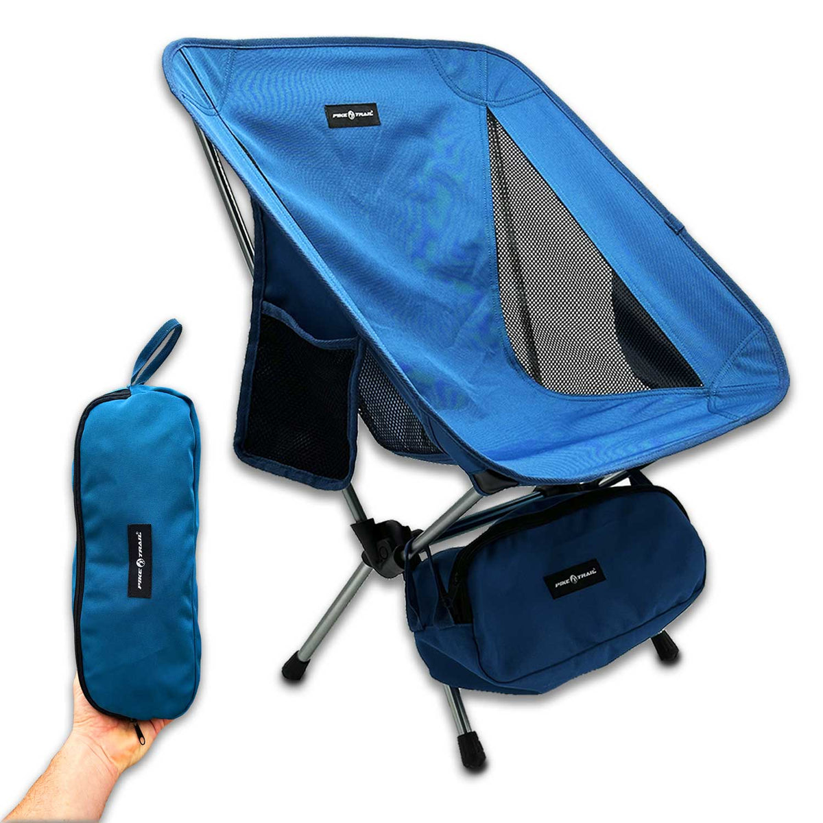 Blue ultralight folding camping chair with side mesh panel and carry bag