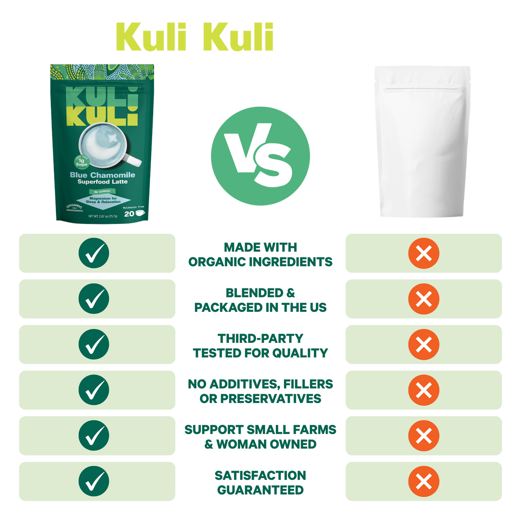 Blue chamomile latte vs comparison chart with check and X icons