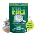 Blue chamomile latte pouch, green package with latte mug graphic and free recipe