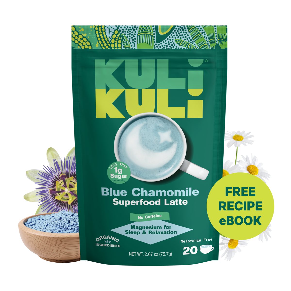 Blue chamomile latte pouch, green package with latte mug graphic and free recipe