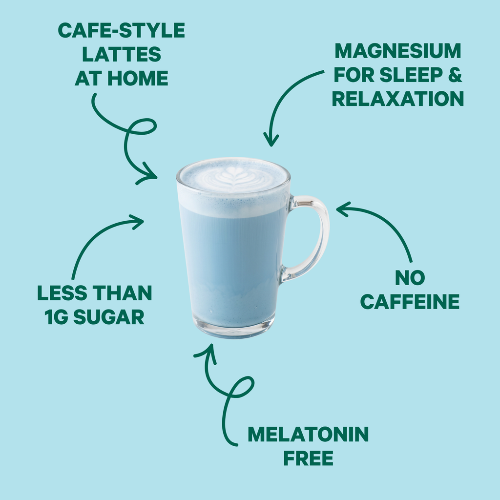 Blue latte mug illustration infographic for sleep, magnesium and no caffeine