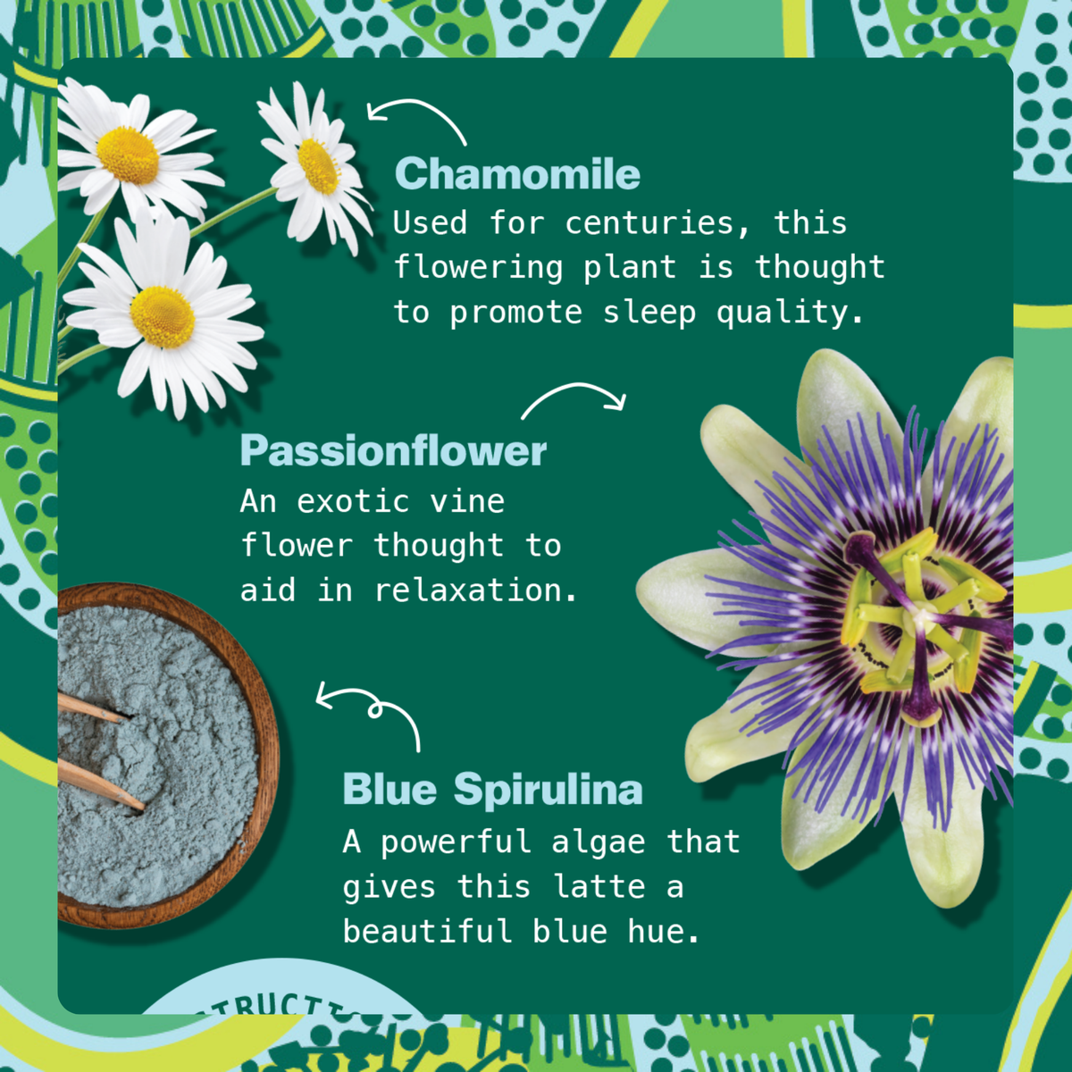 Chamomile and passionflower ingredient panel with blue spirulina graphic