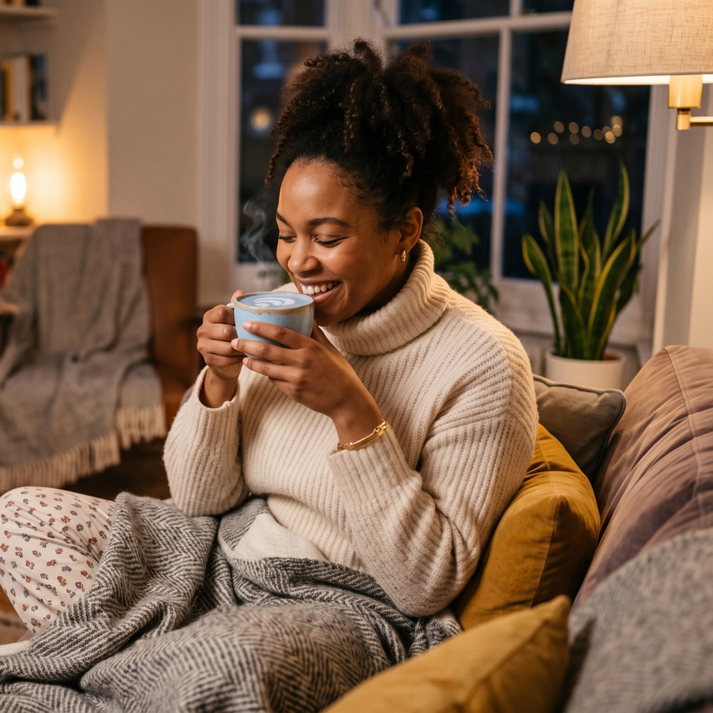 Smiling woman sipping a blue latte from a mug while wrapped in a sweater