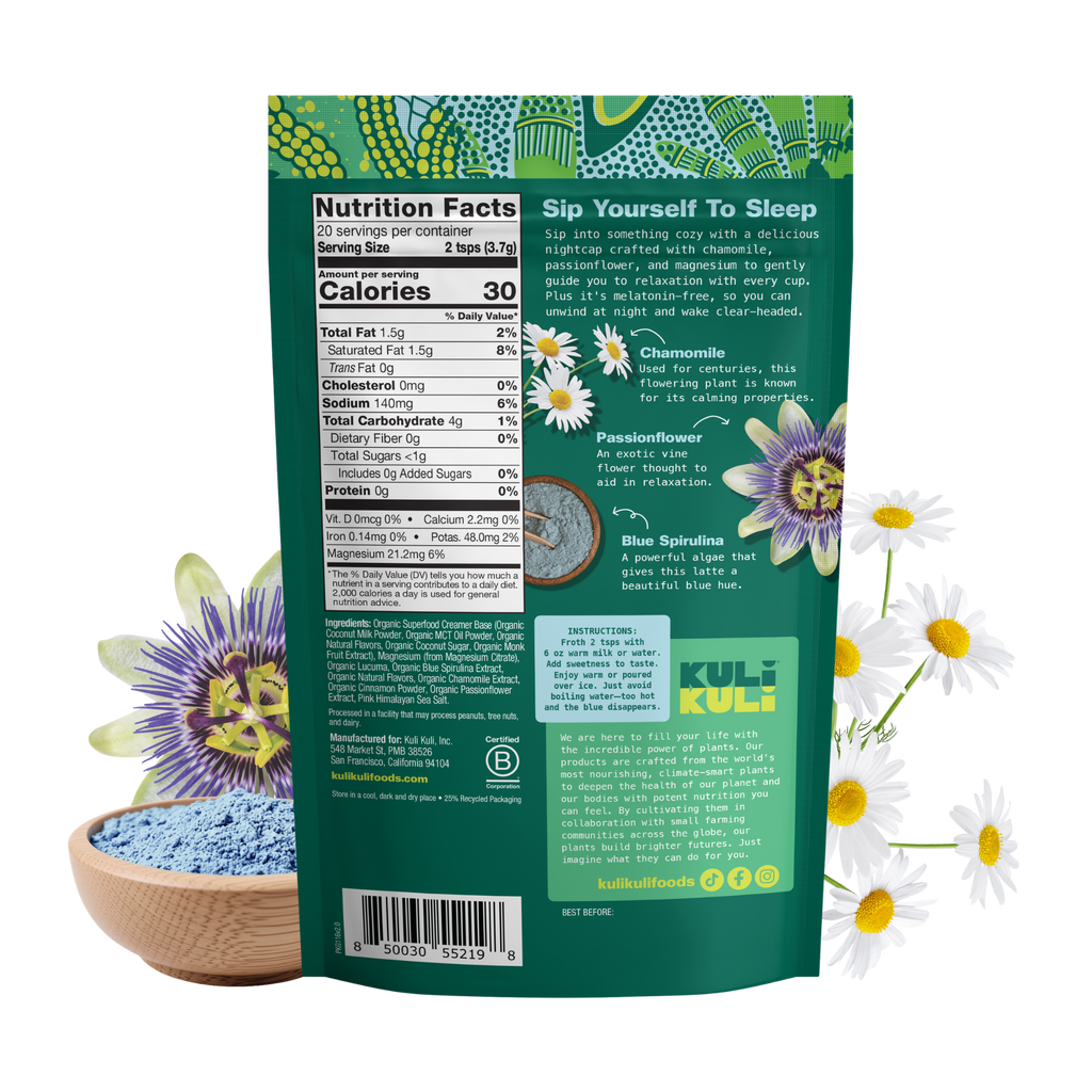 Blue chamomile latte supplement pouch back, nutrition facts panel and ingredients text