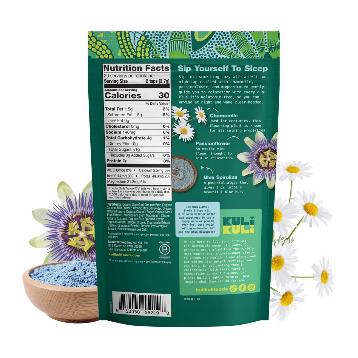 Blue chamomile latte supplement pouch back, nutrition facts panel and ingredients text
