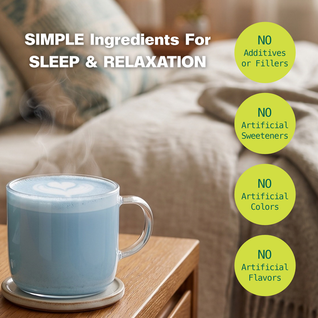 Blue latte mug with heart foam, simple ingredients for sleep claims