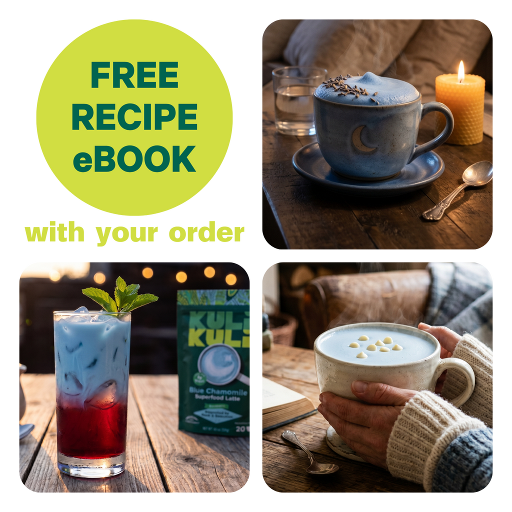 Free recipe ebook badge with blue latte cups in mugs