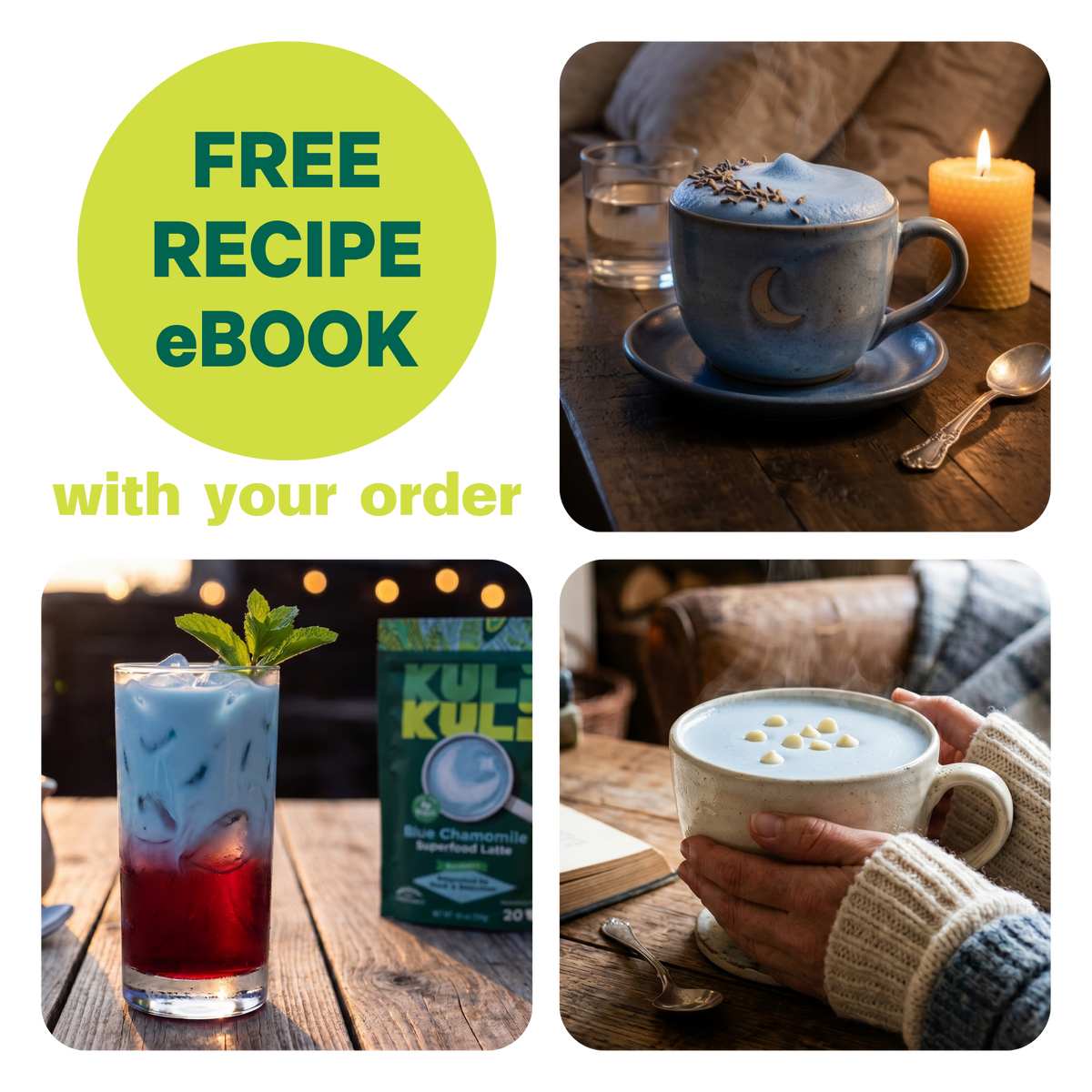 Free recipe ebook badge with blue latte cups in mugs