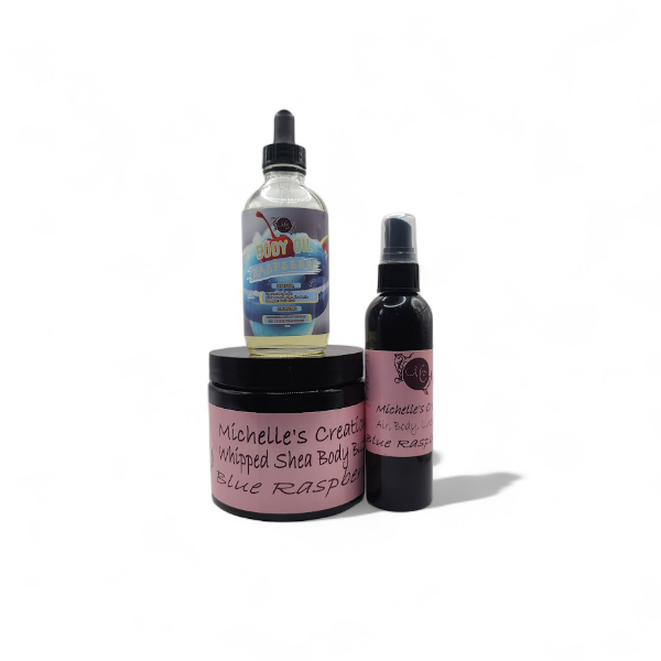 Blue Raspberry body oil, whipped body butter jar, and air-body spray (3-piece)
