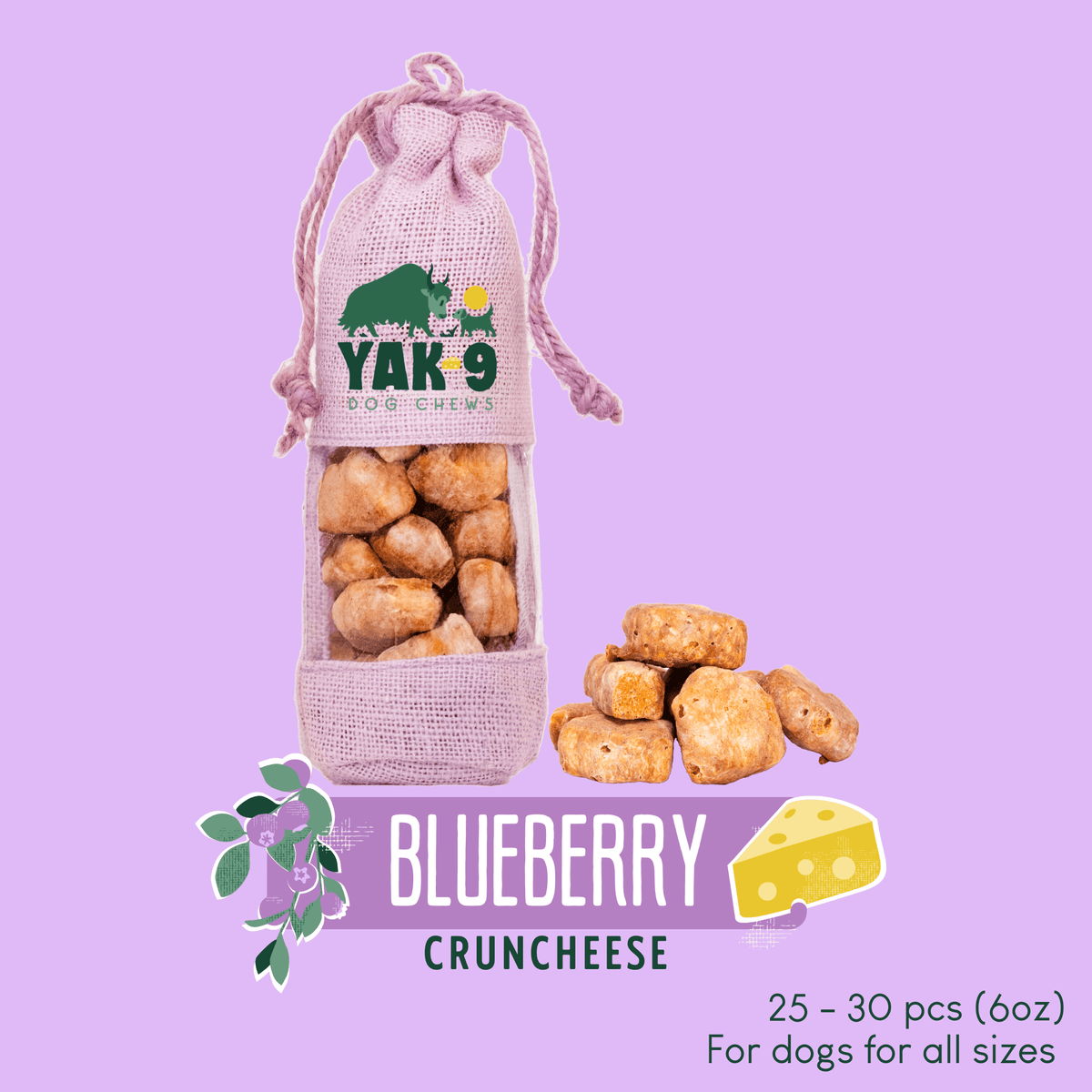 Yak 9 dog chews pouch with crunchy bites, Blueberry flavor, cloth drawstring bag