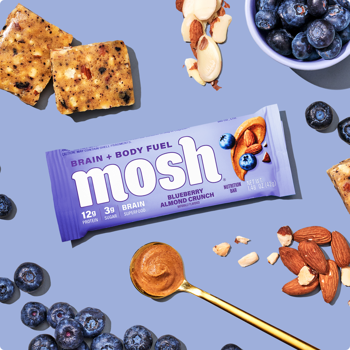 Blueberry Almond Crunch protein snack bar with blueberries and almonds, wrapped