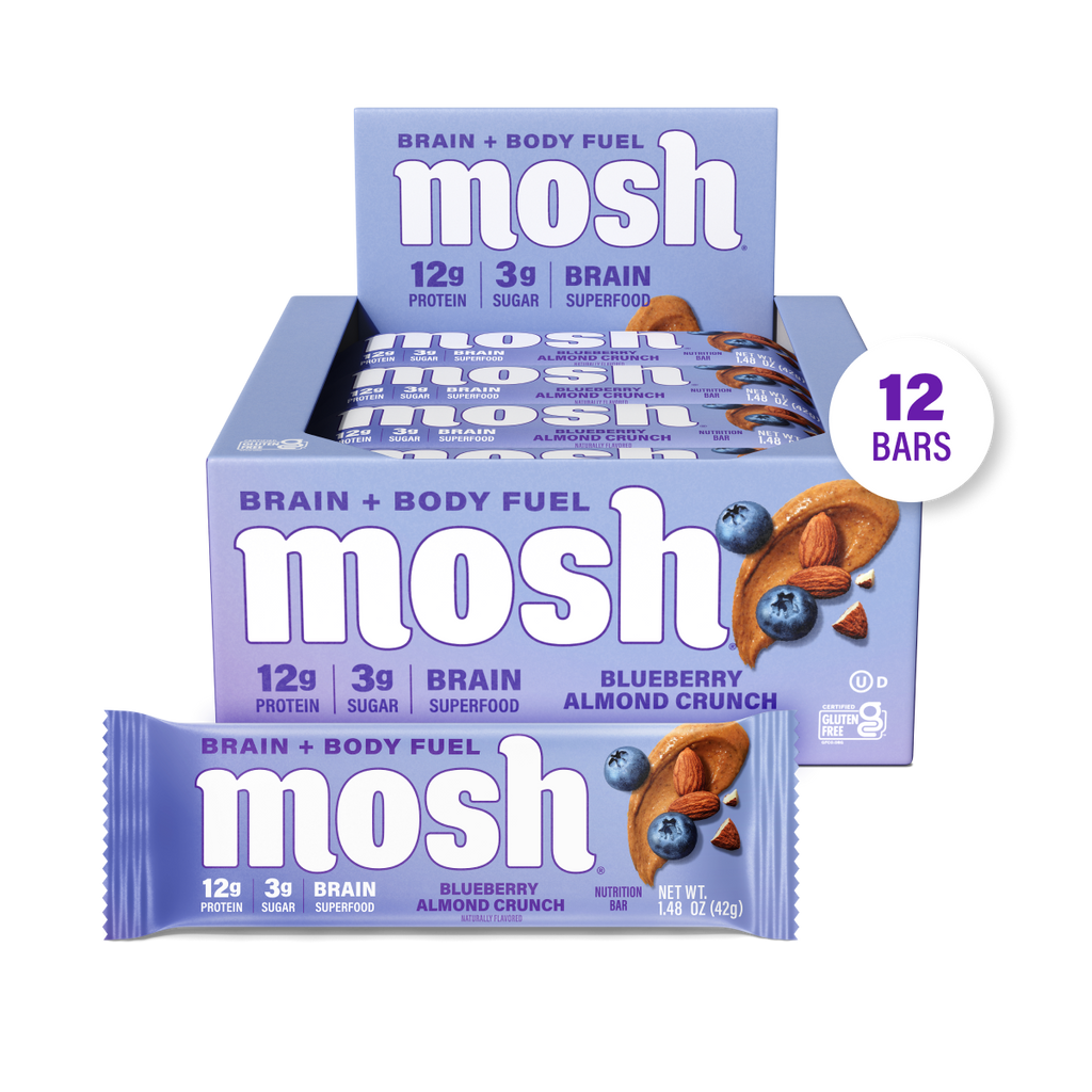 Blueberry Almond Crunch protein snack bars with mosh packaging, 12-pack assortment