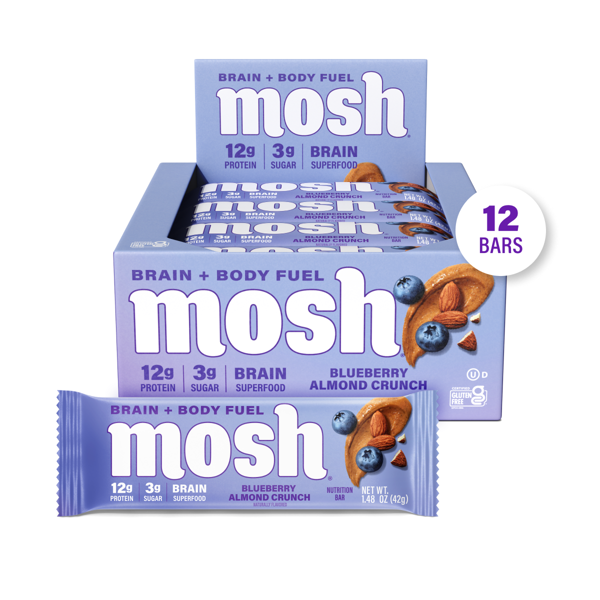 Blueberry Almond Crunch protein snack bars with mosh packaging, 12-pack assortment