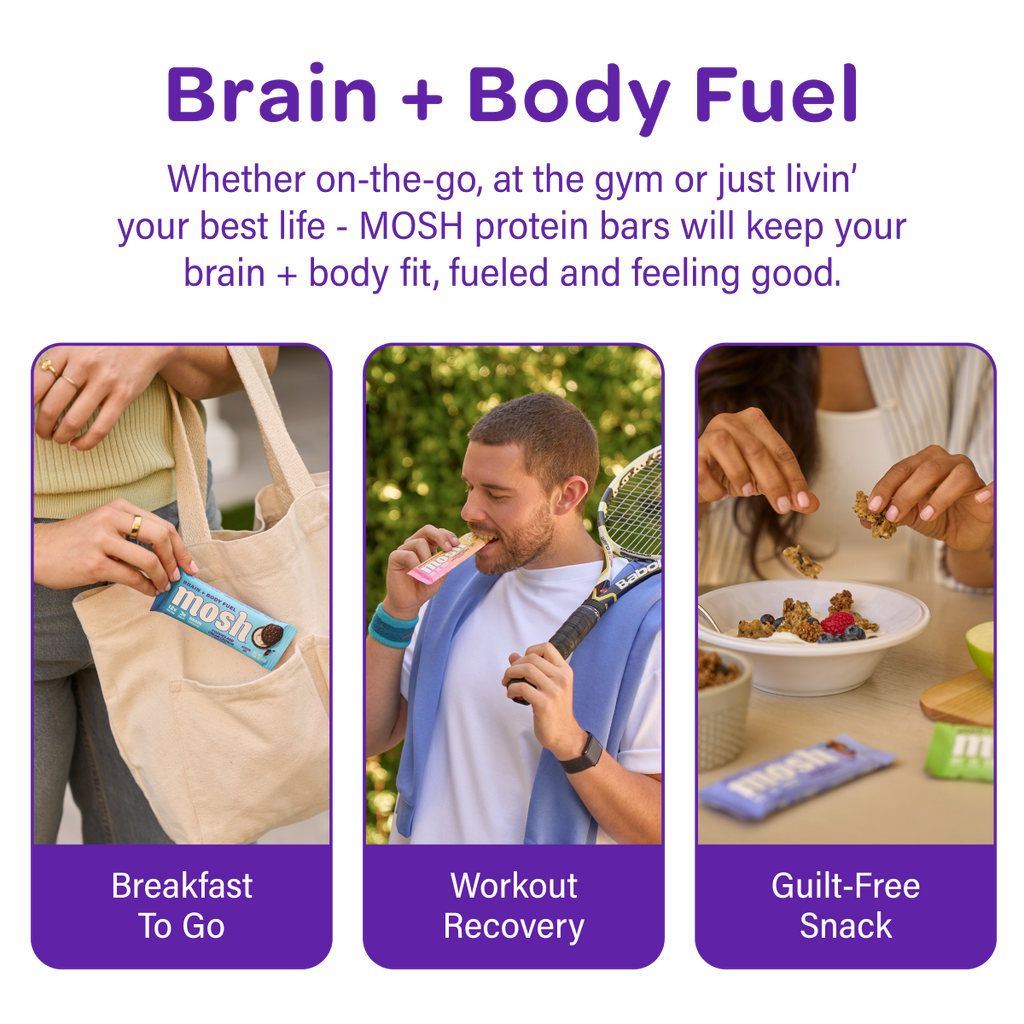 Blueberry Almond Crunch mosh bars usage icons for breakfast, workout, and snack