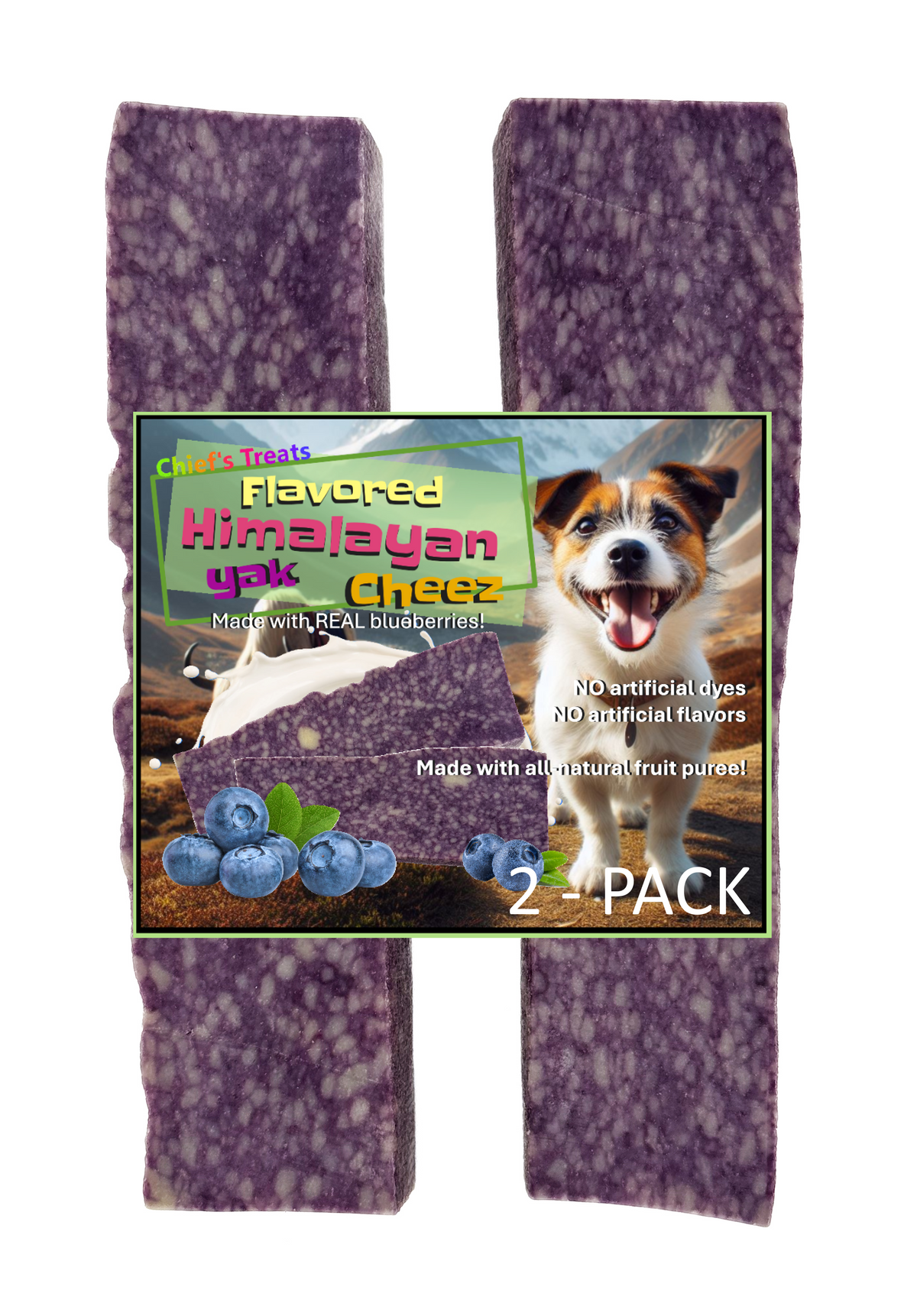 Pack of two purple speckled yak cheese chew sticks.