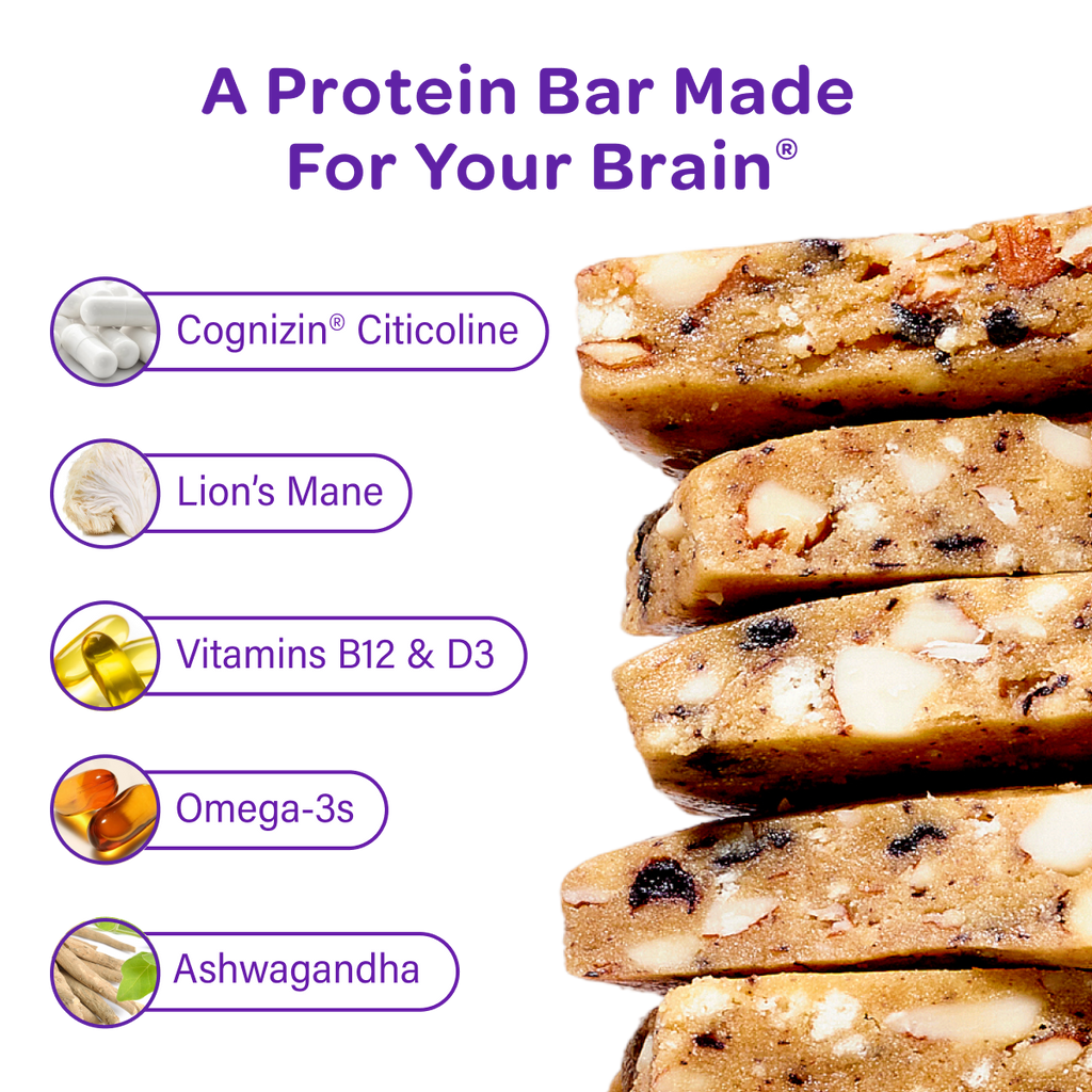 Blueberry Almond Crunch protein snack bar pieces with supplement ingredient icons